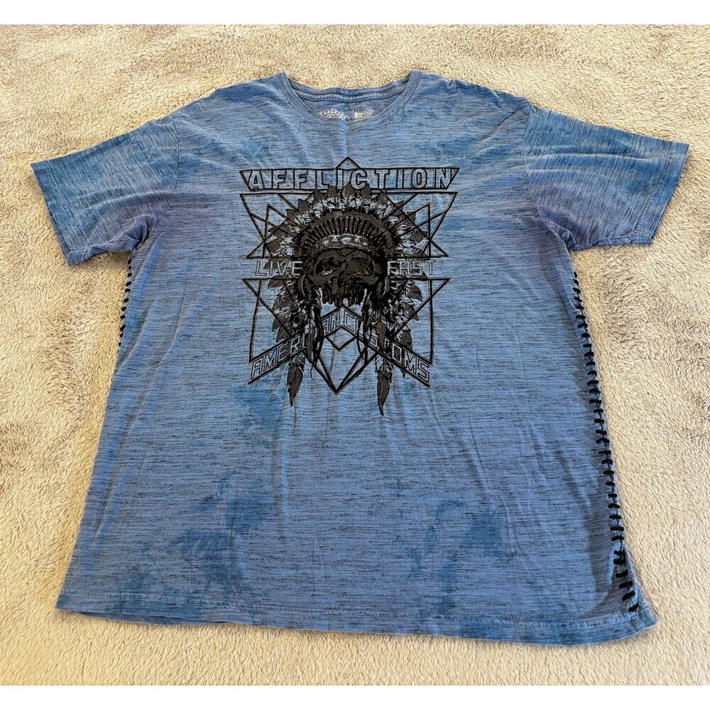 Affliction Shirt Mens 3XL Blue Live Fast Skull Eagle Tie Dye Graphic Tee